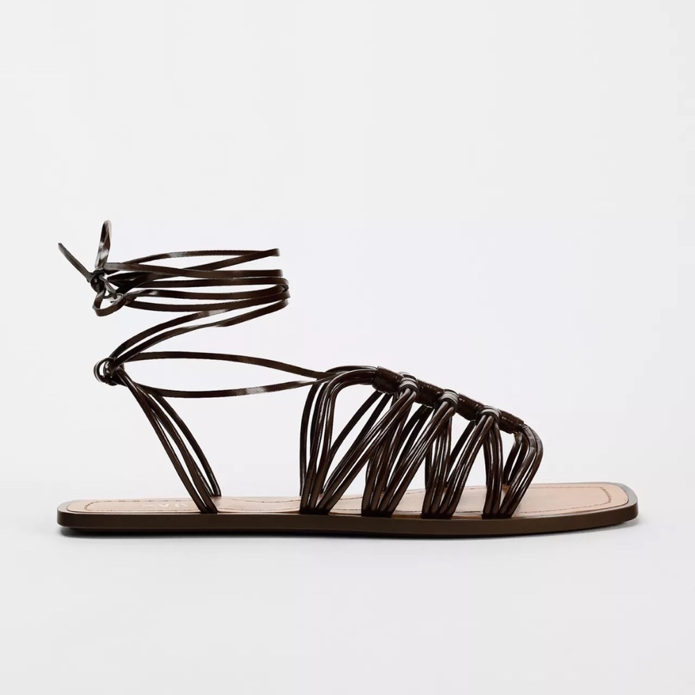 Flat Multi-Strap Lace Up Brown Sandals